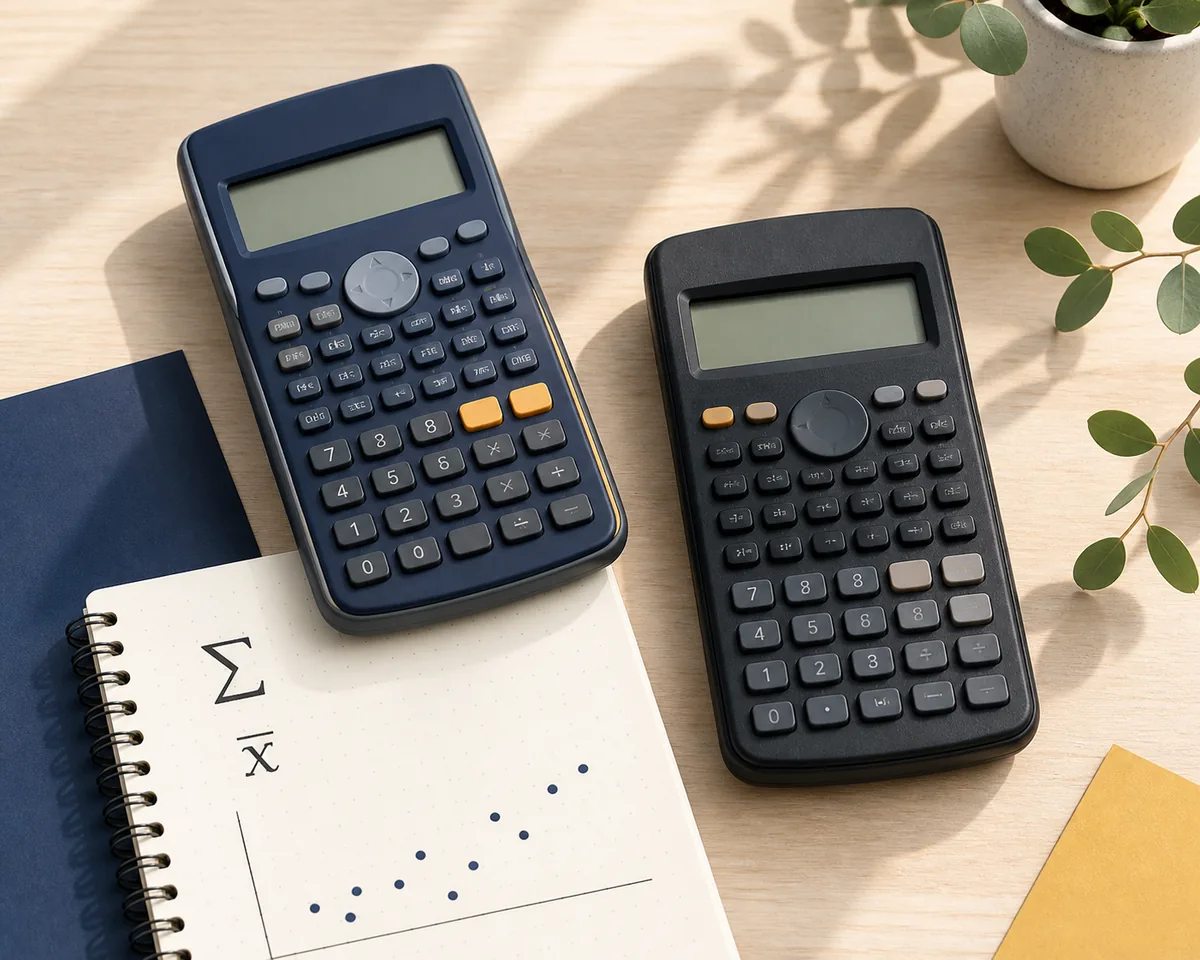 統計記号とデータの散布図を添えたCASIO関数電卓のイメージイラスト