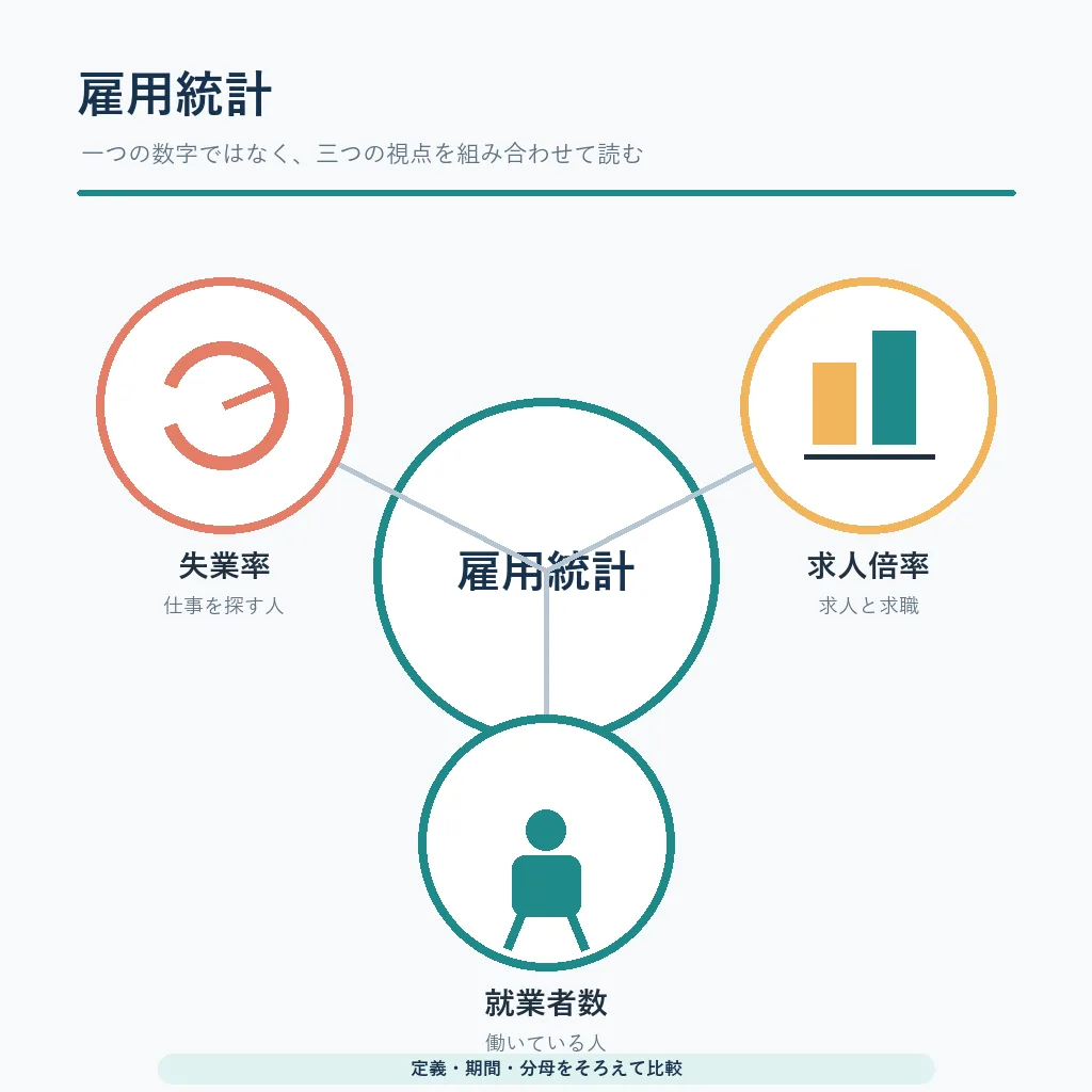 雇用統計を失業率・求人倍率・就業者数の三つの視点で整理する編集図